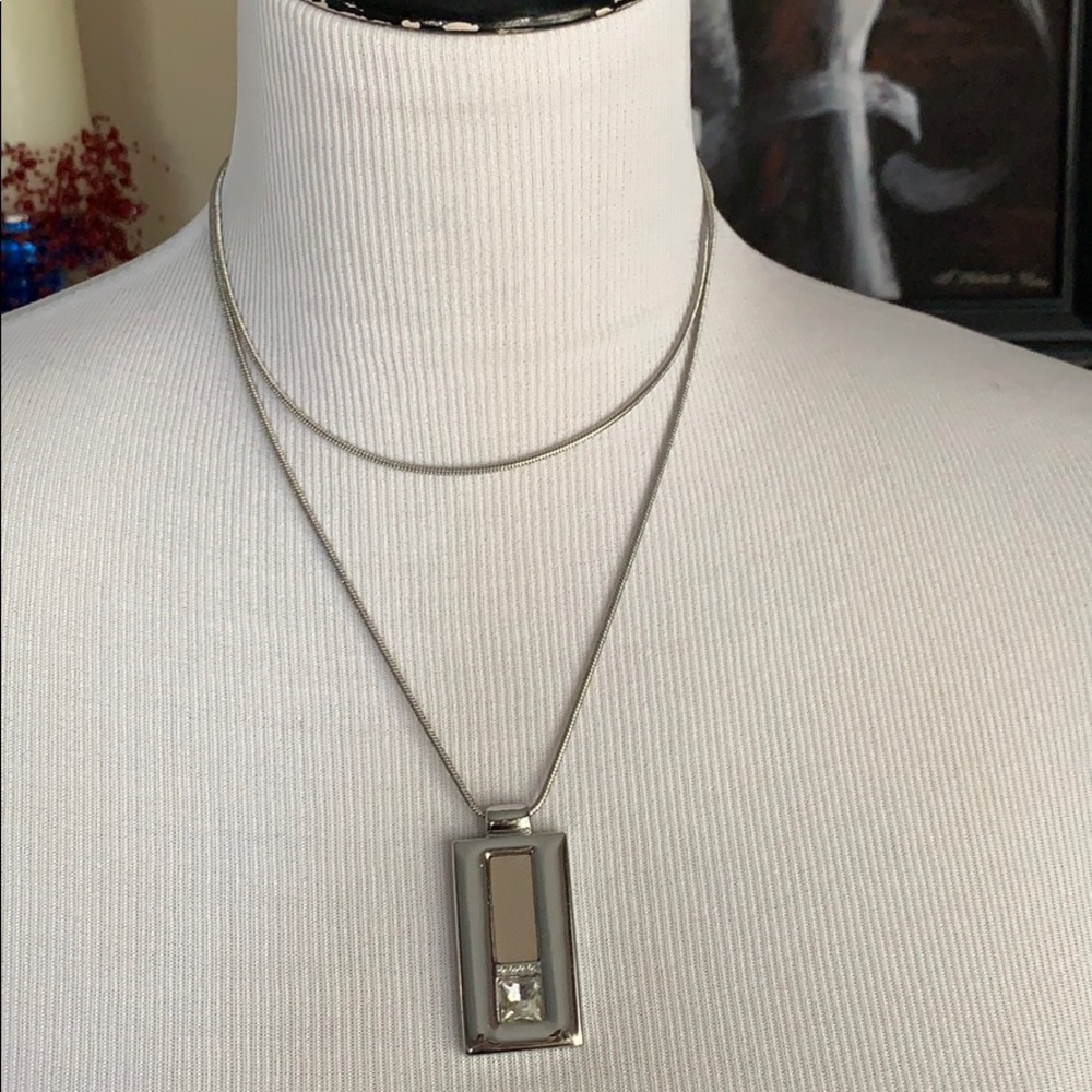 WHBM Silver Necklace Detailed w/ Crystal & Leather